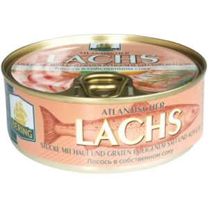 Lachs-Stücke mit Haut und Gräten in eigenem Saft und Aufguss